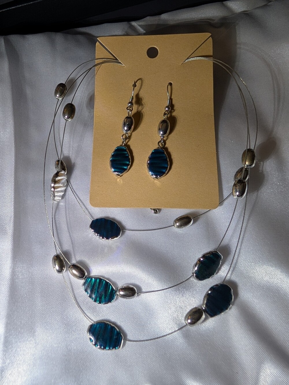 Teal Blue Foil Glass Illusion Multi Strand Necklace & Earrings Set